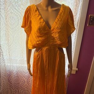 Express Vibrant Yellow V-neck Flutter Sleeve Pleated Cut Out Dress NWT size XL